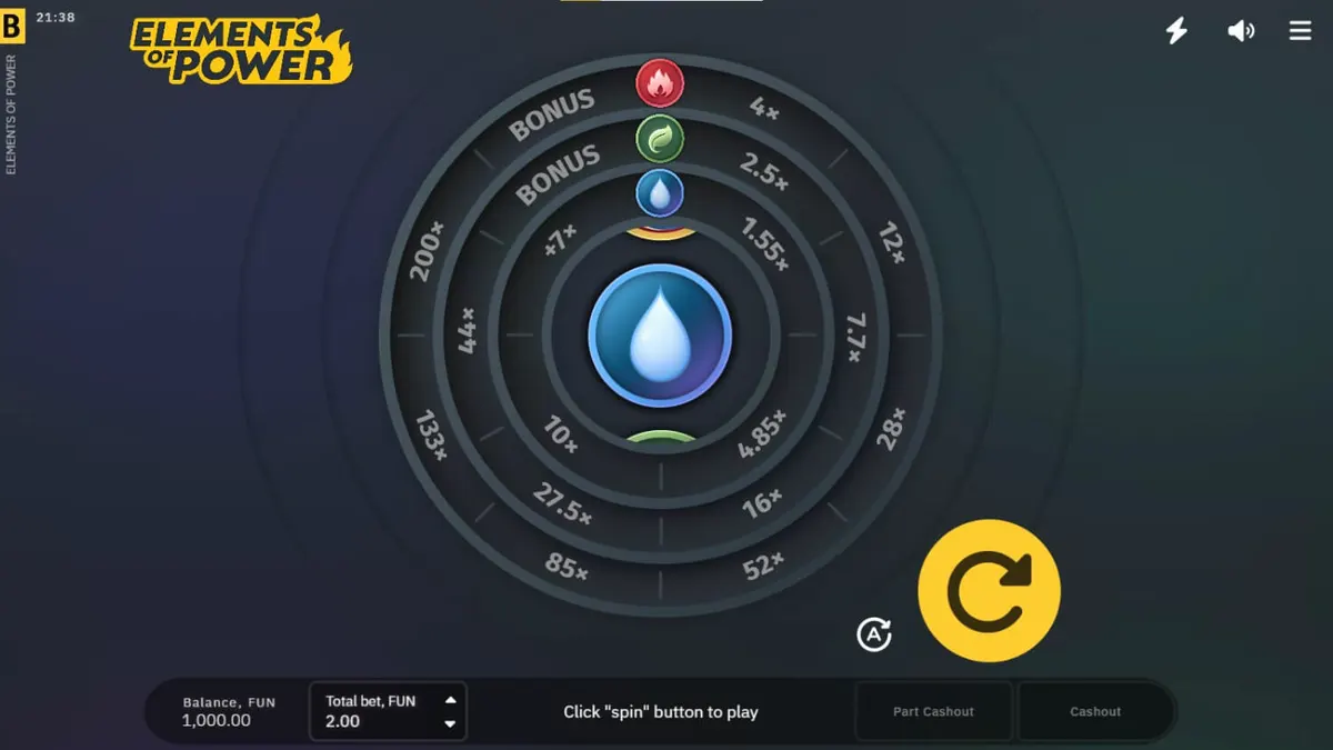 Tampilan antarmuka slot Elements of Power dengan elemen alam yang bercahaya